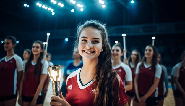 glückliche Frauen in Volleyballkleidung posieren auf dem Volleyballplatz. Der Kapitän hält eine Trophäe