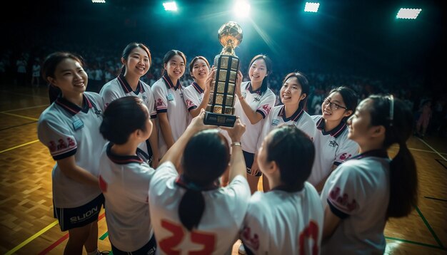 Glückliche Frauen in Volleyballkleidung posieren vor Beginn eines Spiels auf dem Volleyballfeld