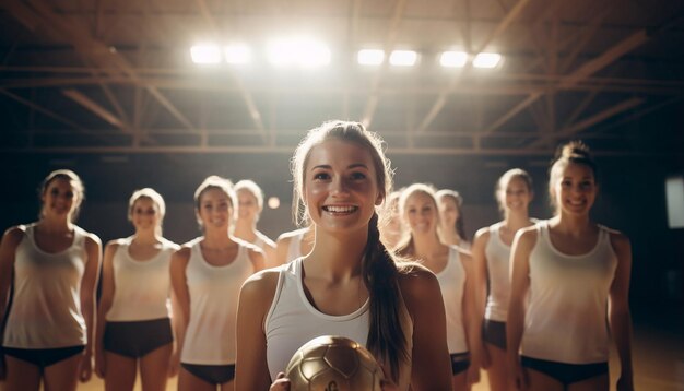 Foto glückliche frauen in volleyballkleidung posieren vor beginn eines spiels auf dem volleyballfeld