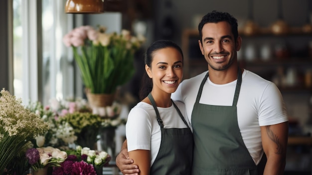 Glückliche Frauen und Freund stehen in ihrem Blumenladen. Erfolgreiches Kleinunternehmen