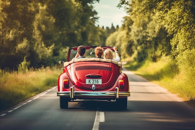 Glückliche Freunde, die einen Oldtimer auf einer Straße fahren. Generative KI