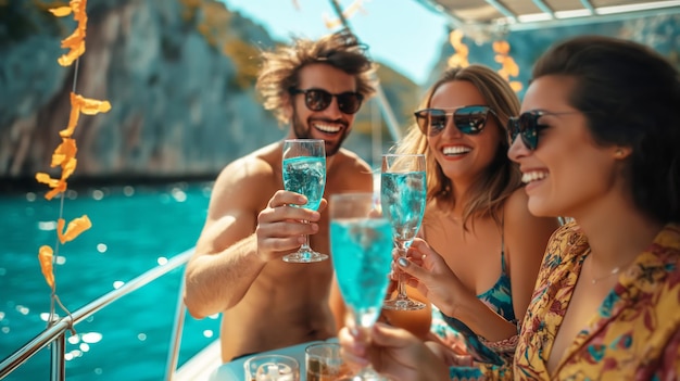 Glückliche Freunde, die sich amüsieren und blaue Lagoon-Cocktails trinken auf einer Sommerparty auf einer Yacht.