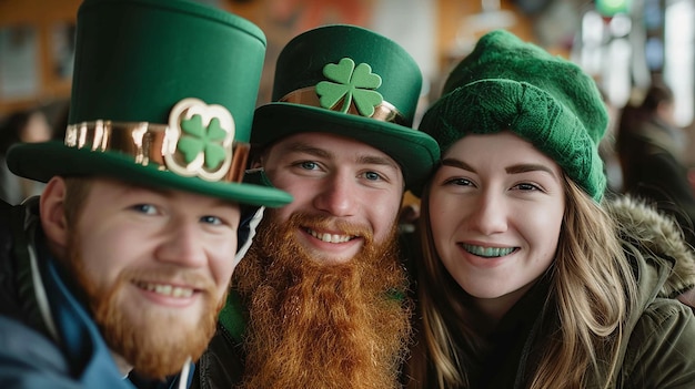 Glückliche Freunde feiern den irischen Happy St. Patrick's Day zusammen mit Bier