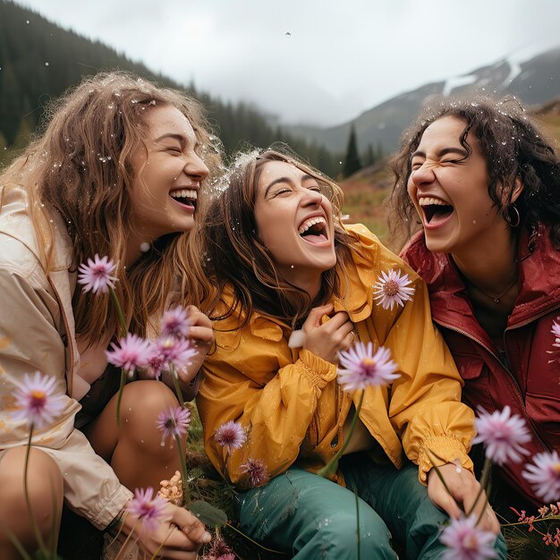 Glückliche Freunde genießen die Blüte