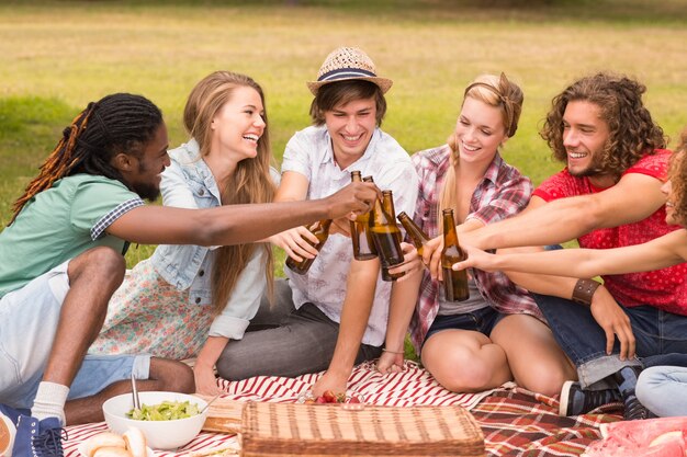 Glückliche Freunde im Park, der Picknick an einem sonnigen Tag hat