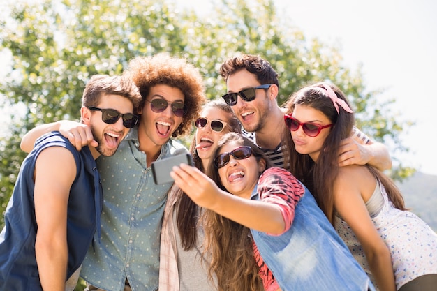 Glückliche Freunde im Park, der selfie nimmt