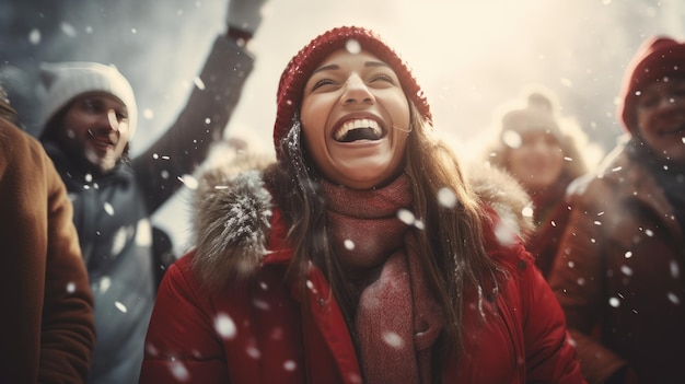 Foto glückliche freunde in winterkleidung feiern weihnachten, leute haben spaß.