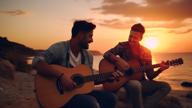 Glückliche Freunde sitzen am Strand und singen und spielen Gitarre bei Sonnenuntergang