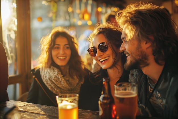 glückliche Freunde trinken Bier, lachen und plaudern in der Bar am Tisch