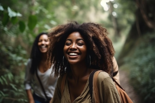 Glückliche Freunde und ein Lächeln mit einer schwarzen Frau in der Natur für Freiheitsabenteuer und Spaß auf der Straße
