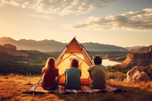 Glückliche Freunde zusammen in der Nähe des Zeltes im Freien im Sommer