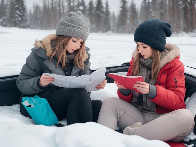 Glückliche Freundinnen, die im Winter im Kofferraum sitzen und eine Karte lesen