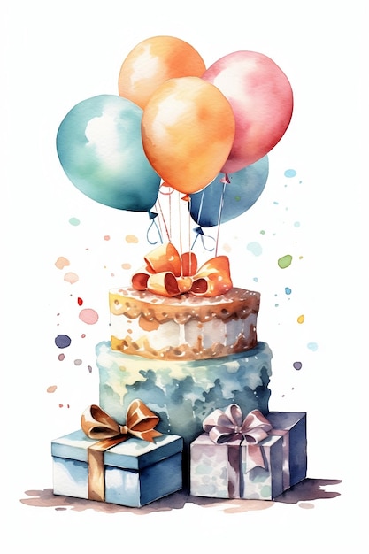 Glückliche Geburtstagsgrußkarte im Aquarell-Stil mit festlichen Kuchengeschenken und Ballons Aquarell Geburtstagseinladung