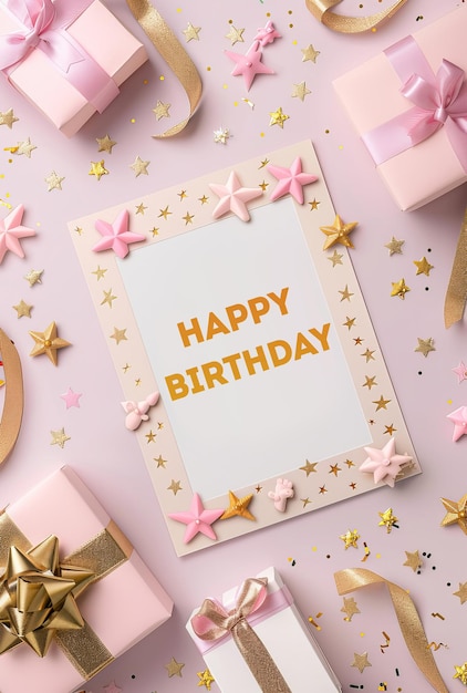 Glückliche Geburtstagsgrußkarte mit Geschenkkisten und Konfetti auf rosa Hintergrund