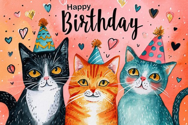 Glückliche Geburtstagskarte mit niedlichen Katzen Gouache Glücklicher Geburtstag
