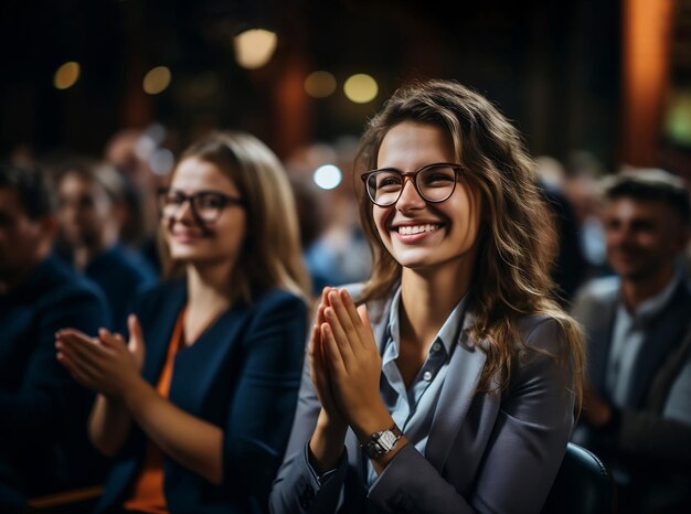 Foto glückliche geschäftsleute als publikum bei einem seminar lächeln das team und die angestellten klatschen