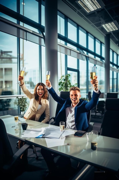 Foto glückliche geschäftsleute feiern ihren erfolg mit champagner im büro