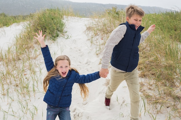 Glückliche Geschwister, die Hand in Hand am Strand laufen