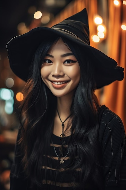 Glückliche gotische junge asiatische Frau im Hexen-Halloween-Kostüm mit Hut, die zu Halloween steht und lächelt