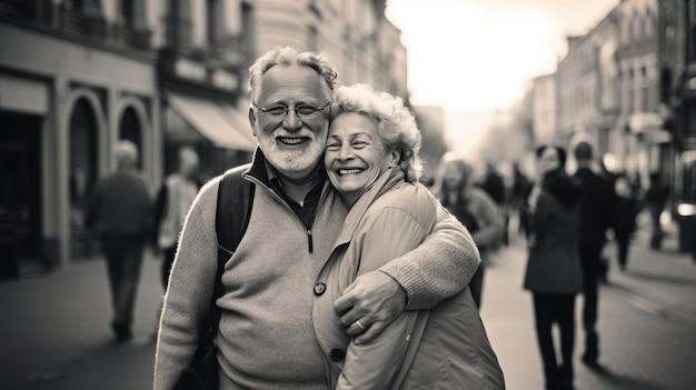 Foto glückliche großeltern in hellen kleidern lächeln und umarmen