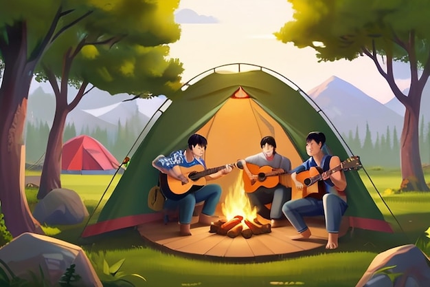glückliche Gruppe asiatischer Freunde, die Gitarre spielen und singen, Camping genießen und Bier trinken