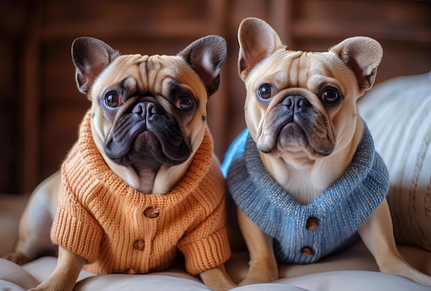 Glückliche Haustiere, ein Mops und ein französischer Bulldog, gekleidet in gestrickten Pullovers, warten zu Hause auf ihren Besitzer