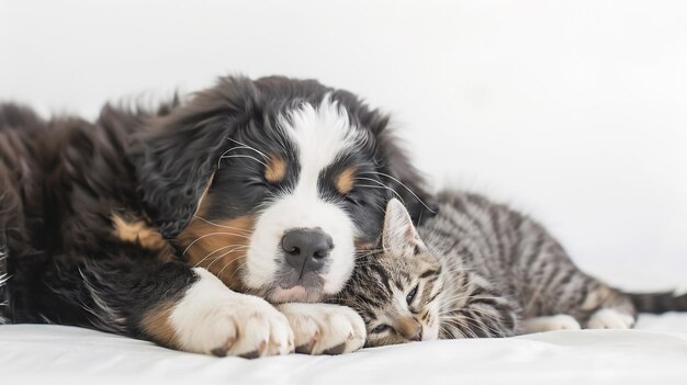 Glückliche Haustiere Lieblings Berner Berghund Welpe und graue Tabby Katze auf weißem Hintergrund Generative KI