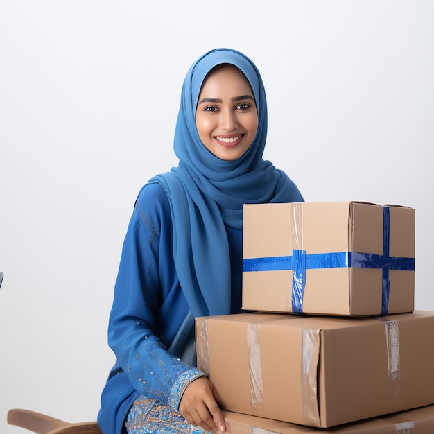 Glückliche indische muslimische Frau mit blauer Saree, die Kisten in Online-Verkäufen packt Online-Arbeitskonzept