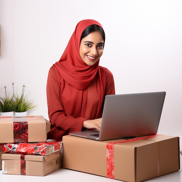 Glückliche indische muslimische Frau mit roter Sari, die Kisten in Online-Verkäufen packt Online-Arbeitskonzept