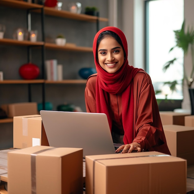 Glückliche indische muslimische Frau mit roter Sari, die Kisten in Online-Verkäufen packt Online-Arbeitskonzept