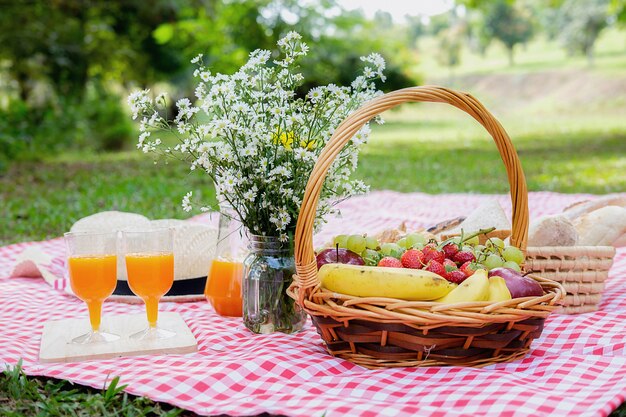 Glückliche junge asiatische Freunde, die Spaß beim Essen und Trinken an einem Picknick haben.