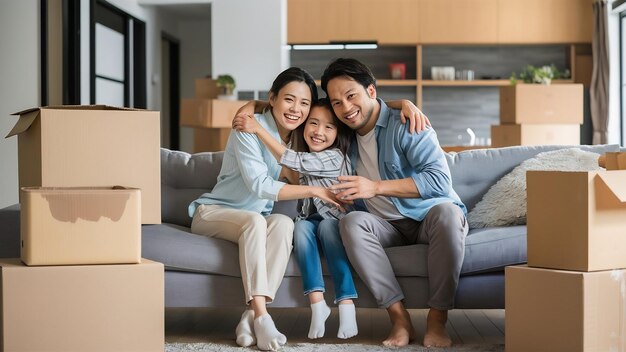 Glückliche junge asiatische Hausbesitzer kauften ein neues Haus