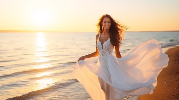 glückliche junge Braut Frau in weißem Kleid laufen haben
