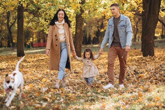 Glückliche junge Familie geht und spielt mit einem Hund im Herbstpark