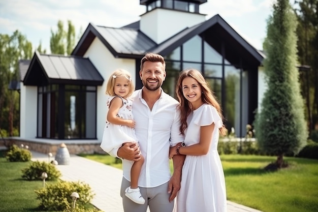 glückliche junge Familie vor dem Hintergrund eines modernen neuen Hauses