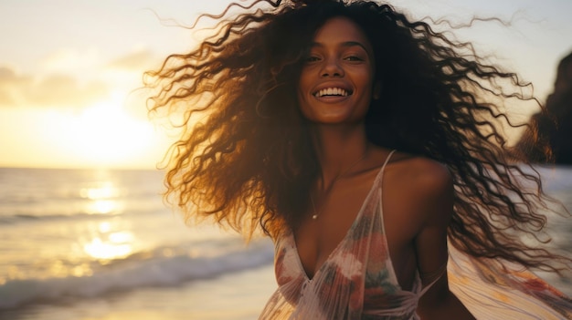 Glückliche junge Frau am Strand bei Sonnenuntergang und genießt das Konzept der goldenen Stunde des Lebens