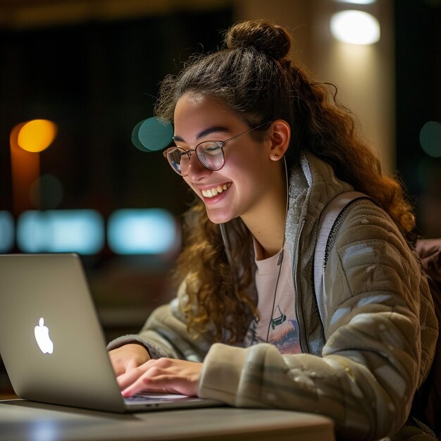 Glückliche junge Frau benutzt Laptop, sitzt am Schreibtisch, schreibt Notizen, schaut Webinar, studiert online, schaut auf den PC-Bildschirm, lernt Webkurse oder hat virtuelle Gesprächsversammlungen, arbeitet von zu Hause aus