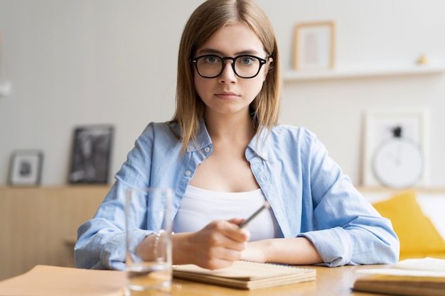 Glückliche junge Frau, Bloggerin, Bewerberin, Lehrerin, sitzen im Home Office, schauen in die Kamera und machen ein Online-Vorstellungsgespräch während der Video-Chat-Konferenz, Aufzeichnung des Vlog-Unterrichts im Webinar in der App-Webcam-Ansicht