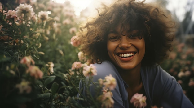 Glückliche junge Frau, die bei Sonnenuntergang im Blumenfeld lacht