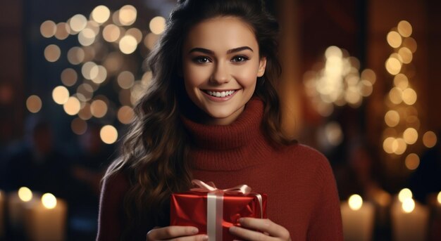 Foto glückliche junge frau hält ein geschenk hoch und lacht in die kamera