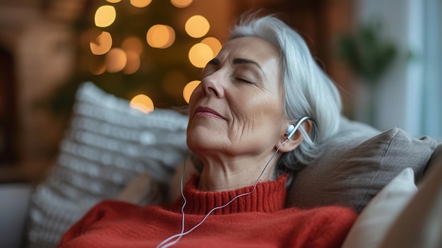 glückliche junge Frau hört Musik mit Kopfhörern, während sie zu Hause auf dem Sofa sitzt
