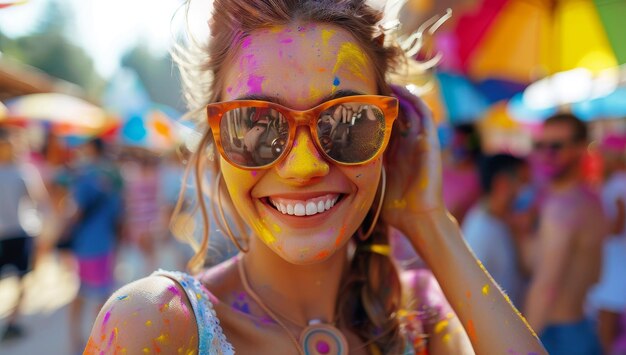 glückliche junge Frau mit buntem Pulver im Gesicht beim Holi-Festival