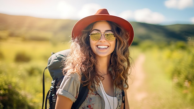 Glückliche junge Frau mit Sonnenbrille, Rucksack und Hut lächelt, während sie das Wetter im Sommer genießt