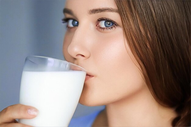 Glückliche junge Frau trinkt Milch oder Proteincocktail aus Glas, gesunde Ernährung und Wellness