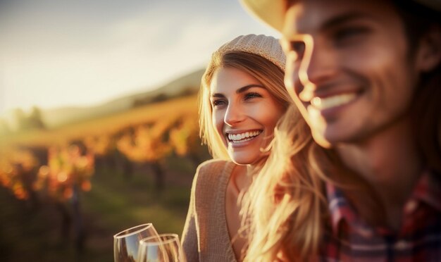 Foto glückliche junge freunde trinken draußen wein bei einem picknick im weinberg im napa valley, kalifornien