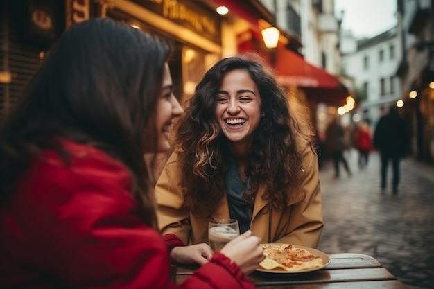 Glückliche junge Freundinnen essen Pizza im Freien in der Stadt, lächeln und lachen