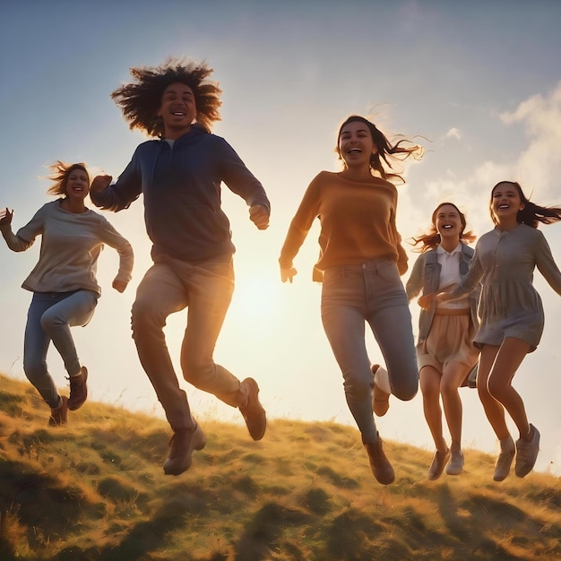 Glückliche junge Leute springen auf dem Hügel mit Sonnenlicht im Hintergrund