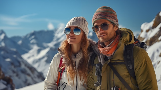 Glückliche junge Männer und Mädchen, die auf dem Hintergrund schneebedeckter Berge stehen