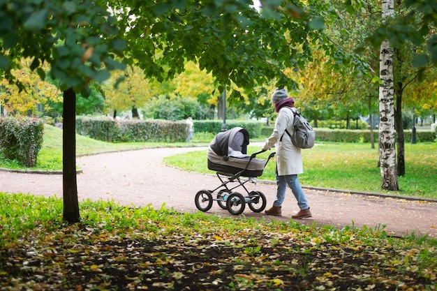 Glückliche junge Mutter mit Kinderwagen während des Spaziergangs in der Natur im Park