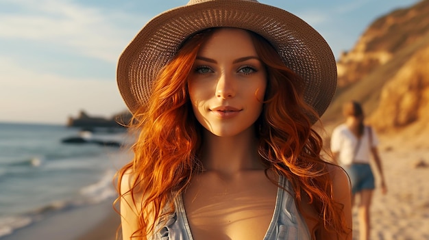 Glückliche junge schöne Frau vor dem Hintergrund von Meerwasser am Strand im Urlaub im Ferienort AI generiert